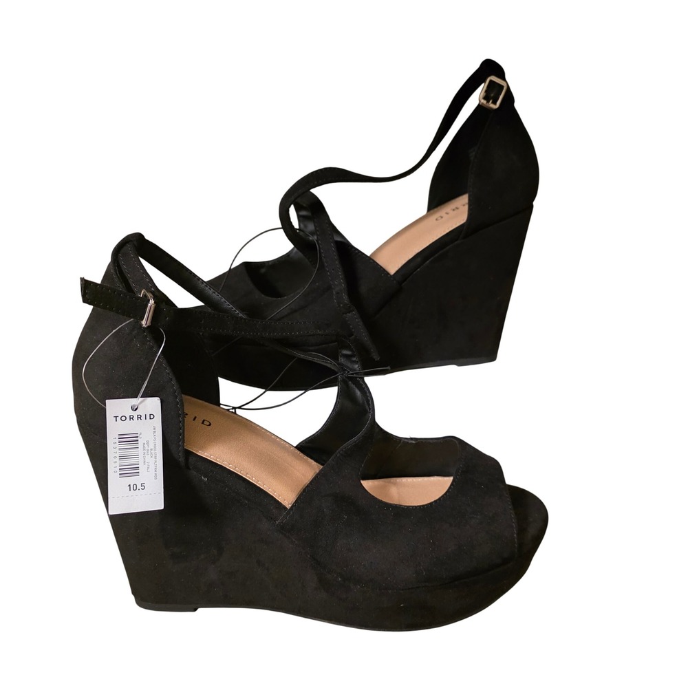 Torrid Black Faux Suede Cross Strap Platform Wedge Sandals Womens 10.5W New